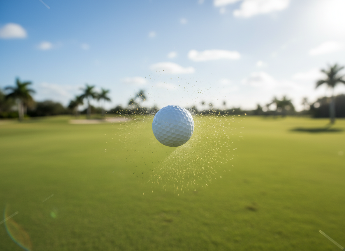 Golf course fairway with golf ball in flight